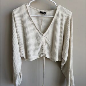 Urban Outfitters Cream Waffle Knit V-Neck Drawstring Crop Top